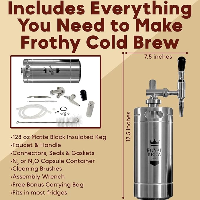 The Original Royal Brew Nitro Cold Brew Coffee Maker - Gift for Coffee Lovers - 128 oz Extra Large Home Keg Nitrogen Gas System Coffee Dispenser Kit