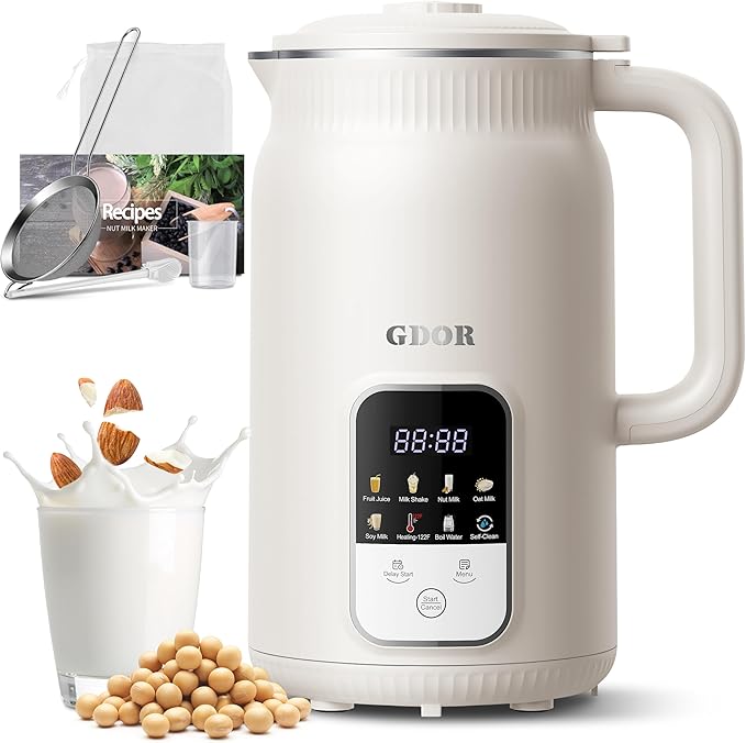 GDOR 35oz Nut Milk Maker 9-in-1 Plant Milk Machine for Homemade Almond/Oat/Soy Juice &amp Smoothie Blender with 12 Stainless Steel Blades Keep Warm 12H Delay Boil Water and Self-Cleaning