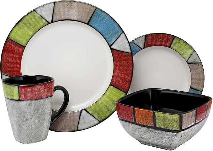 Country Cottage 16-Piece Stoneware Dinnerware Set – Rustic Earth Tones Microwave &amp Dishwasher Safe