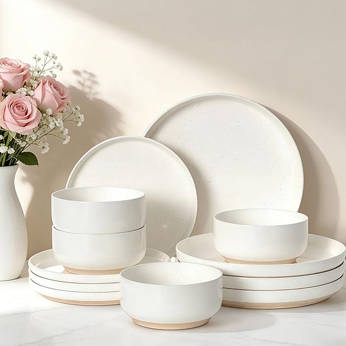 Plates and Bowls Sets Dinnerware Sets for 4 12 Pieces Scratch Resistant Dishware Dishes Set Ceramic Kitchen Dinner Set Porcelain &amp Microwave and Dishwasher Safe Cream White