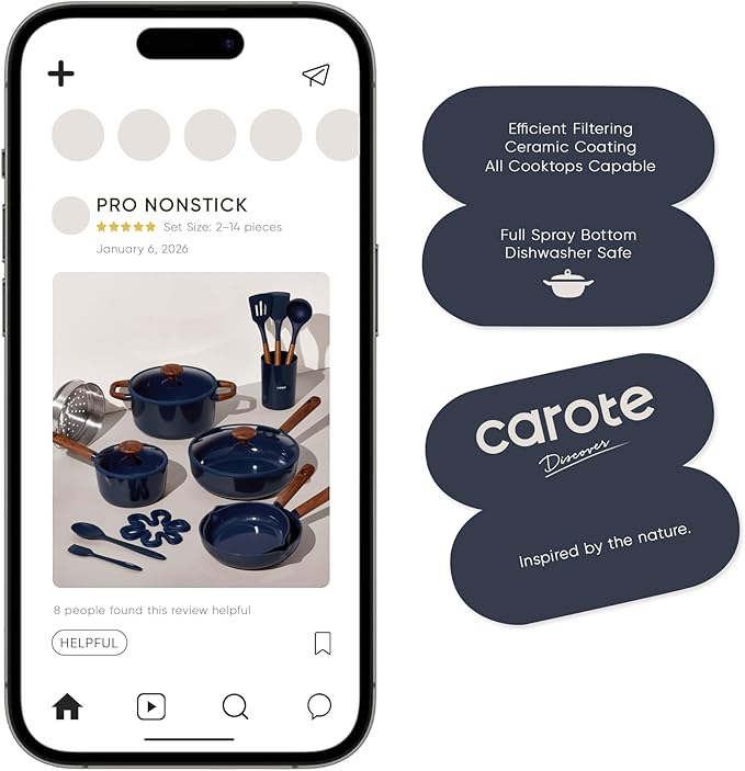 CAROTE 21pcs Cookware Set Nonstick Pots and Pans Set Ceramic Cookware Set Induction Cookware Non toxic Healthy Non Stick Kitchen Cooking Set PFAS PTFE Free Blue