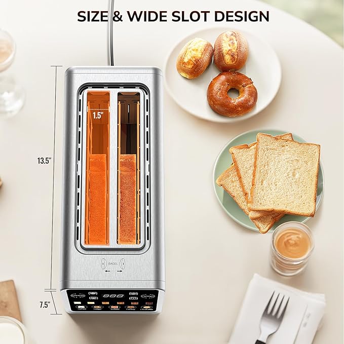 Keenstone Toaster 4 Slice Digital Smart Toaster with TouchScreen Memory Function Single Slot Toasting Timer Reheat &amp Defrost for Bagels Bread Waffles Muffin Stainless Steel Kitchen Essent