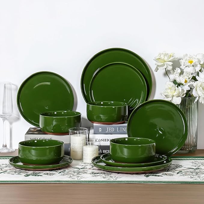 GZG Modern Art Series - 6 Pcs Speckled Stoneware Plates and Bowls Sets Ceramic Dinnerware Set with Rustic Terracotta Underside Microwave and Dishwasher Safe Handcrafted Dishes Set - Verdant Green