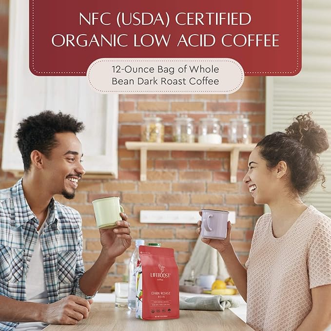Lifeboost Dark Organic Coffee Beans - Single Origin Non-GMO Dark Roast Low Acid Coffee Beans - Third Party Tested For Mycotoxins &amp Pesticides - Whole Bean - 12 Ounces