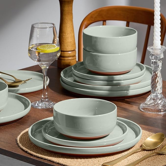E-far 12-Piece Stoneware Dinnerware Sets Plates and Bowls Sets for 4 Ceramic Dishware Dishes Set with Terracotta Base Chip &amp Scratch Resistant Microwave &amp Dishwasher Safe Speckled Green