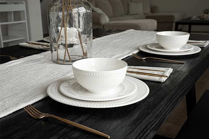New Bone China 12 Piece Dinnerware Set Santorini Collection (Beaded) White Daily Use China Embossed Tableware Service for 4