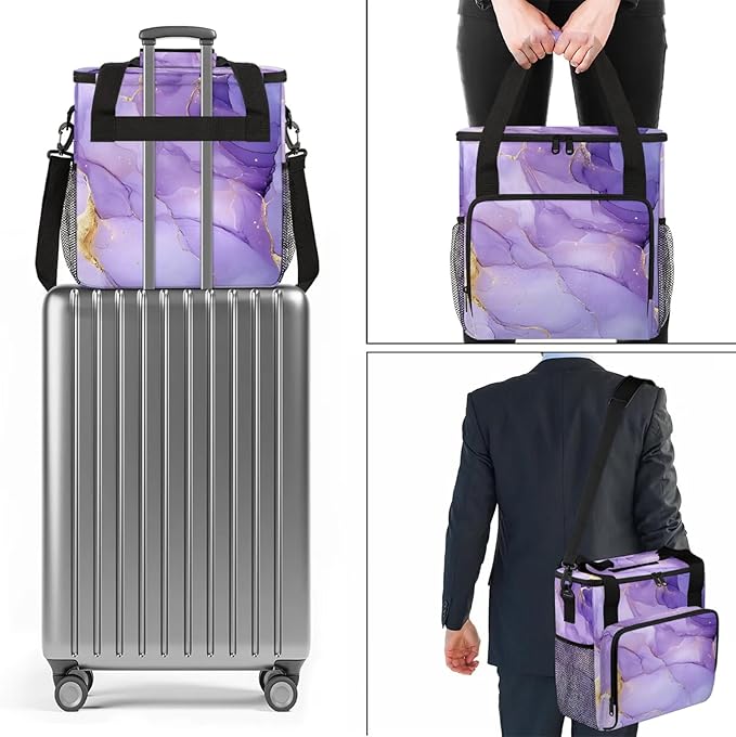 Purple Coffee Maker Travel Bag Marble Insulated Grocery Bag Travel Picnic Leakproof Cooler Bags With Shoulder Strap