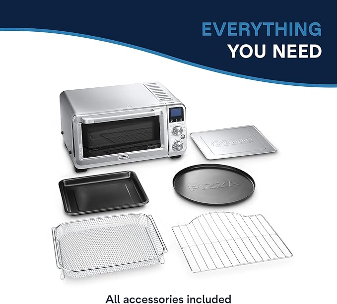 De'Longhi 10-in-1 Digital AirFryer 24L True Convection Toaster Oven with Internal Light Grills Broils Bakes Roasts Reheats Preset for Cookie &amp Pizza 1800-Watts Stainless Steel