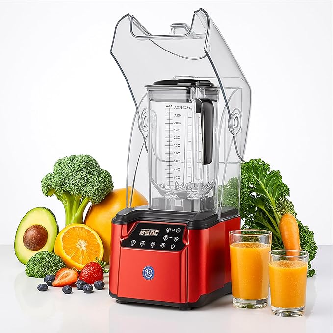 2200W Quiet Commercial Blender with Soundproof Shield – 2.2L Countertop Smoothie Maker with Smart Touch Screen – High Speed Food Blender for Ice Juices Shakes Restaurants Home UseRed