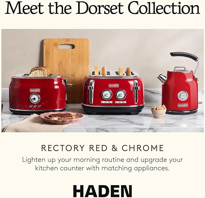 Haden Dorset 2 Slice Wide Slot Stainless Steel Toaster with Adjustable Browning Control &amp Non-Slip Feet Rectory Red