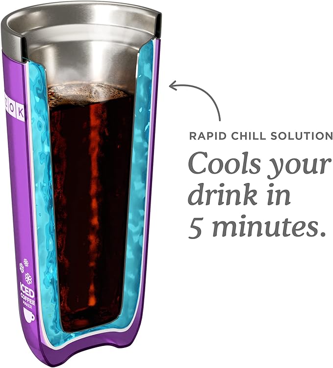 ZOKU Instant Iced Coffee Maker Reusable Beverage Chiller Cools Hot Beverages in Minutes Without Dilution Portable 11-ounce Tumbler With Spill-resistant Lid and Straw Purple