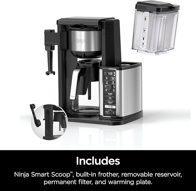 Ninja Specialty Coffee Maker Hot &amp Iced Coffee 6 Brew Styles 8 Sizes Small Cup to Travel Mug 10-Cup Carafe Fold-Away Frother Permanent Filter Removable Reservoir Black CM401