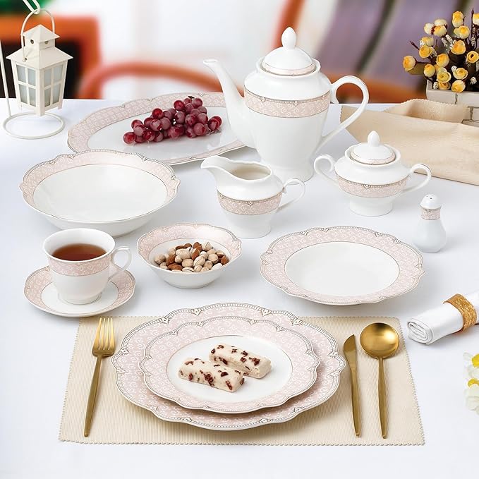 Bone China Dinnerware Set Alexandra 8-person 57-piece Blush Pink and Gold Color