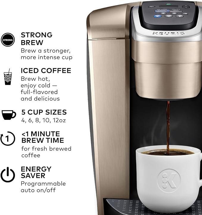Keurig K-Elite Single Serve K-Cup Pod Coffee Maker with Strength and Temperature Control Iced Coffee Capability 8 to 12oz Brew Size Programmable Brushed Gold