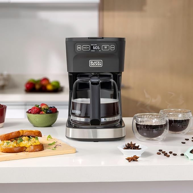 BLACK+DECKER CAFÉCRAFT 12-Cup Programmable Coffee Maker Stainless Steel Drip Coffeemaker with Vortex Showerhead Strength Selector Sneak-A-Cup Keep Warm