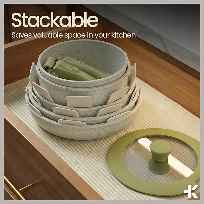 Bakken 15-Piece Non-Stick Cookware Set with Detachable Handles – Granite Stackable Pots and Pans Set Dish Washer Safe Oven-Safe and Compatible Kitchen Essential for All Stoves – Green/Cream