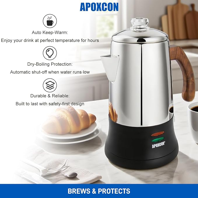 Electric Coffee Percolator Stainless Steel Coffee Maker with Tough Glass Clear Brew Progress Knob &amp On/OFF Switch Keep Warm Cordless Serve for Home and Hotel Room Use Gift Box Packaging 6 Cup