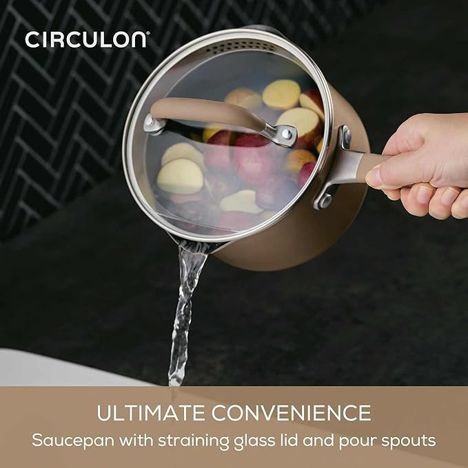 Circulon A1 Series with ScratchDefense Technology Nonstick Induction Pots and Pans Metal Utensil Safe Includes Splatter Guard Slotted Turner and Silicone Trivets 10 Piece Cookware Set - Champagne