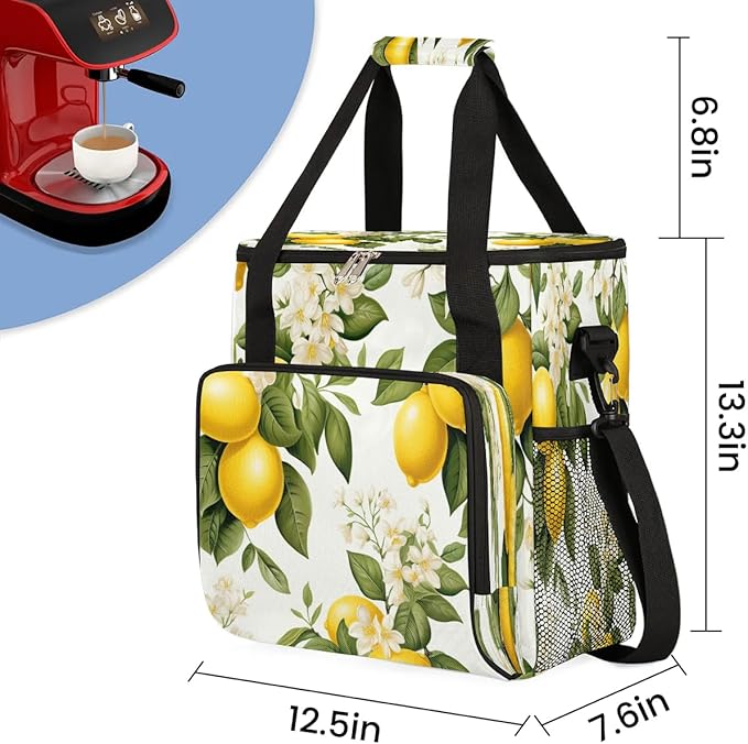 Flowering Lemon Printed Coffee Maker Carrying Bag for Keurig K-Mini or K-Mini Plus Storage Portable Coffee Maker Travel Bag