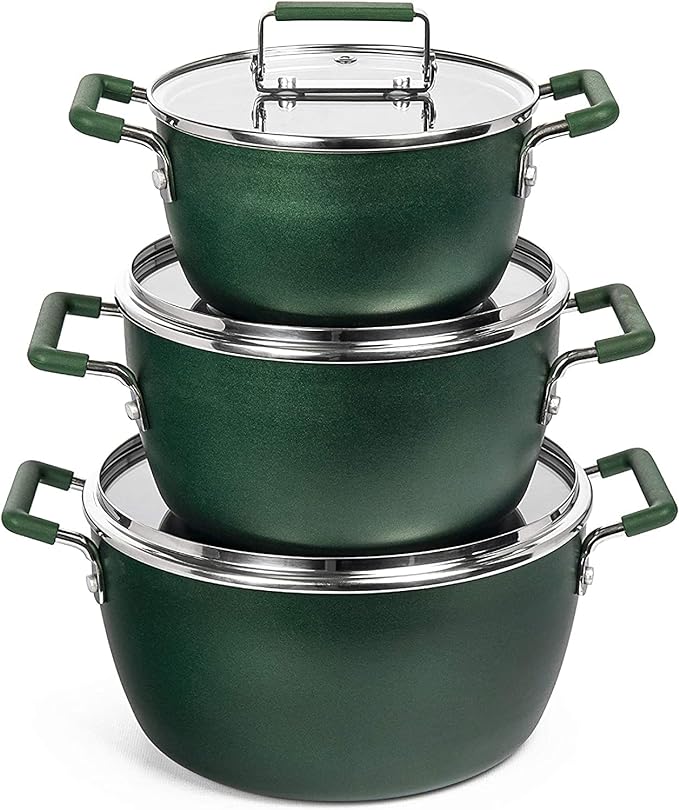 Granitestone Green Pots and Pans Set Nonstick 6 Stackable Piece Cooking Pots Set Kitchen Pots Non Stick Coating 5qt 3qt &amp 1.5qt Pots with Lids Stay Cool Handles Dishwasher Safe 100% Toxin Fre