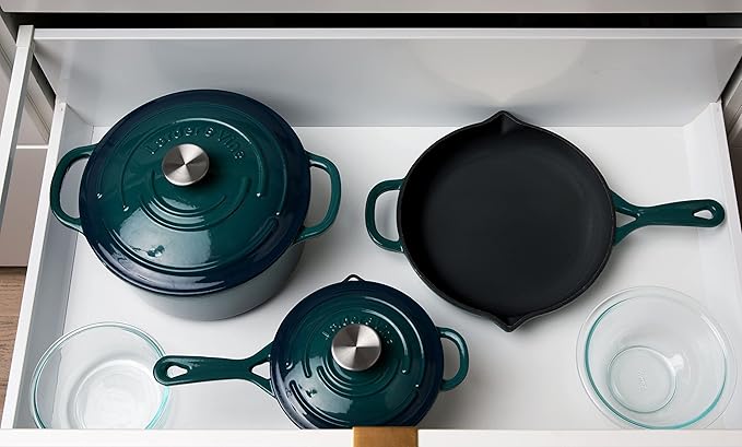 Larder &amp Vine 9 Piece Enameled Cast Iron Cookware Set Oven Safe and Compatible with all Cooktops – includes 3.6 Qt Braiser 5.7 QT and 8 QT Dutch Ovens 10.25in Skillet and 2.2 QT Saucepan (Bondi