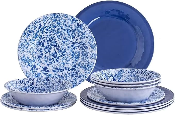 Melamine Dinnerware Set 12 Piece Service for 4 Blue and White Porcelain Tableware Dishes for Indoor and Outdoor Use Unbreakable Plates and Bowls Sets Dishwasher Safe BPA Free