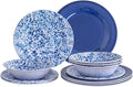 Melamine Dinnerware Set 12 Piece Service for 4 Blue and White Porcelain Tableware Dishes for Indoor and Outdoor Use Unbreakable Plates and Bowls Sets Dishwasher Safe BPA Free