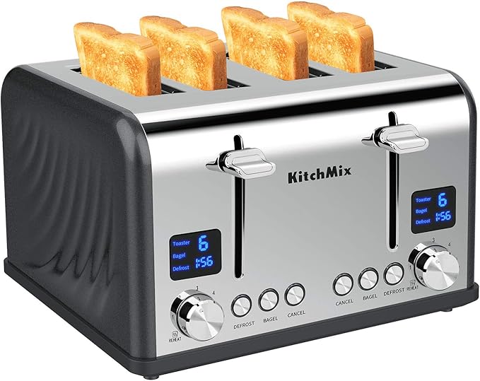 Toaster 4 Slice Bagel Stainless Toaster with LCD Timer Extra Wide Slots Dual Screen Removal Crumb Tray (Gray)