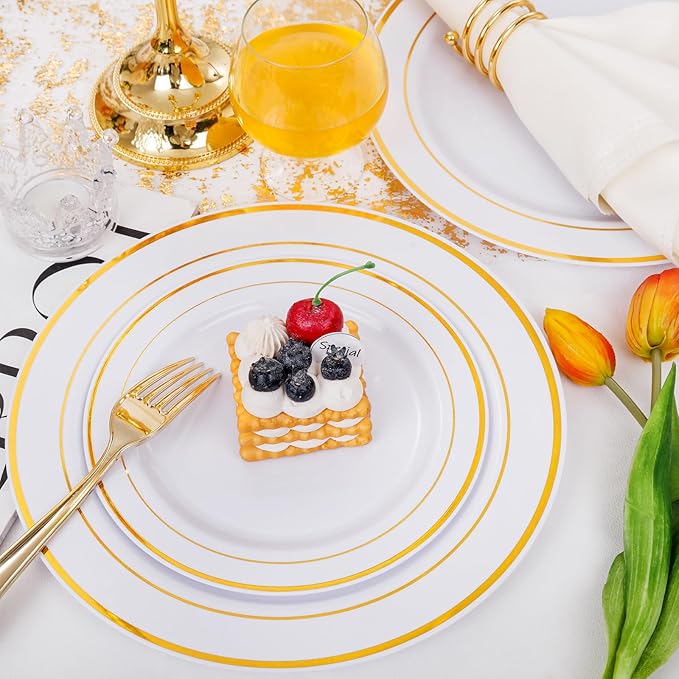 I00000 60 Pieces Gold Plastic Plates Heavy Duty White and Gold Plastic Plates for 30 Guests Include: 30 Gold Rim Dinner Plates and 30 Gold Dessert Plates Perfect for Wedding &amp Party