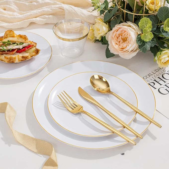 bUCLA 150PCS White and Gold Plastic Plates Disposable - 25 Guests Gold Dinnerware Set - Include 25 Each (Dinner &amp Dessert) Plates 25 Knives 25 Forks 25 Spoons &amp 25 Cups for Party