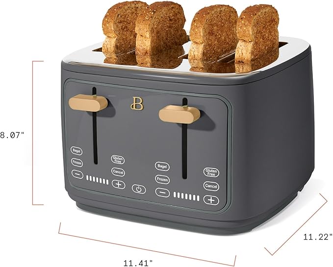 Toaster with Touch Activated Display by Drew BarrymoreExtra-Wide Slots 7 Settings Reheat Functions LED Countdown Timer (Oyster Gray)