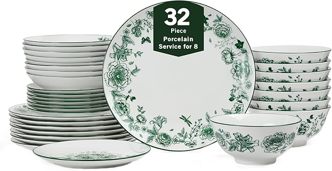 Stone Lain Esme 32-Piece Dinnerware Set Porcelain Plates and Bowls Set Cereal and Patsa Bowls Dish Set for 8 Green