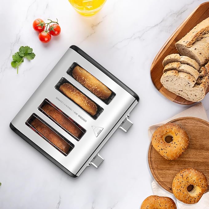 CUSIMAX 4 Slice Toaster with Smart LED Display Stainless Steel Toaster with Exart Wide Slots 6 Shade Settings Bagel Defrost and Cancel Fuction 1650 Watts Removable Crumb Trays Black