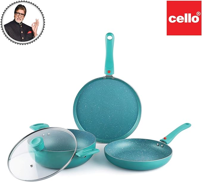Cookwell Granite Induction Base Non-Stick Aluminium Cookware Set 3-Pieces Green