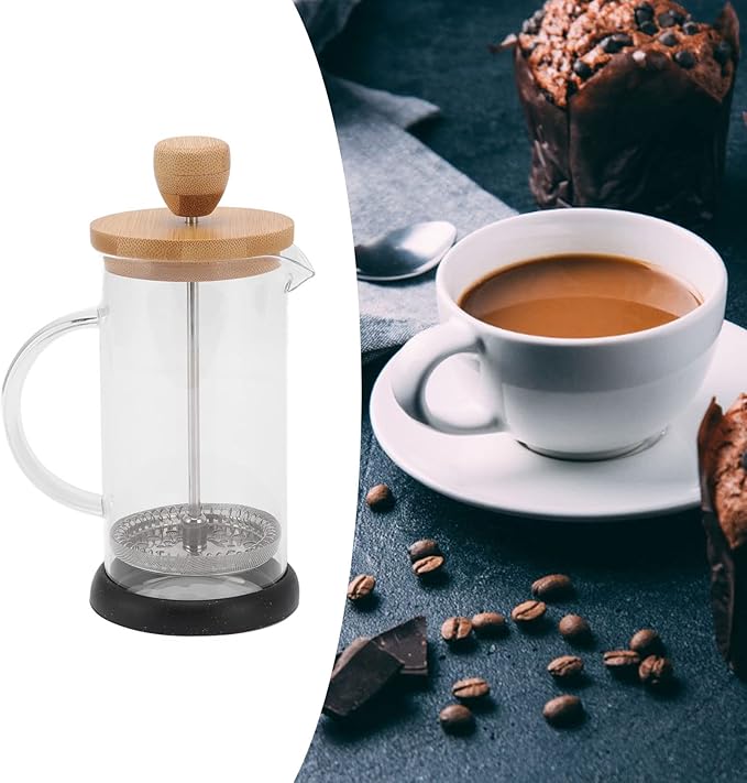 flexman French Press Coffee Maker High Heat Borosilicate Glass Stainless Steel French Press Coffee for Home Office Outdoor Camping Family Gatherings (350ml Bamboo Cover)