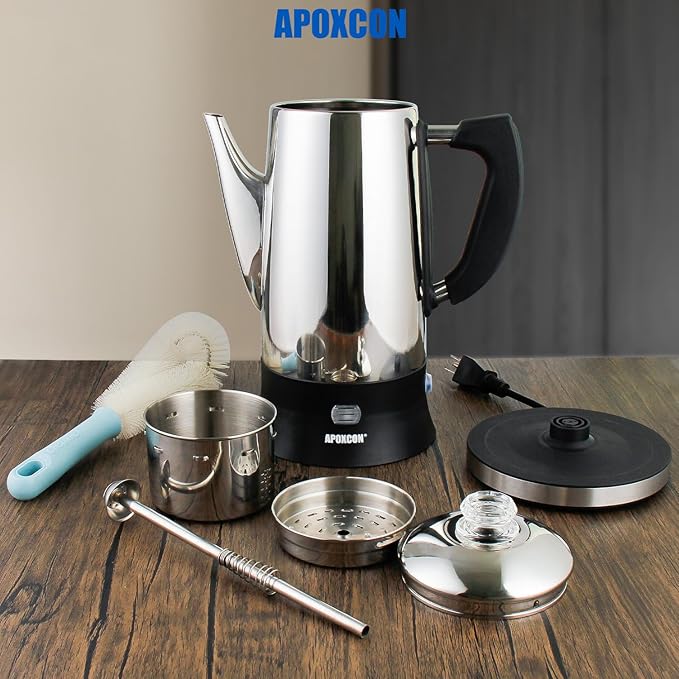 Electric Coffee Percolator Stainless Steel Coffee Maker with Tough Glass Knob Classic Coffee Pot with On/OFF Switch Keep Warm &amp Cordless Serve No Aluminum (12 Cup)