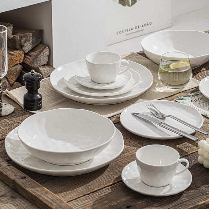 HOMBENE Large Dinnerware Set 16 Piece Service for 4 Bundle with 10.5 Inch Salad Bowls Set of 2