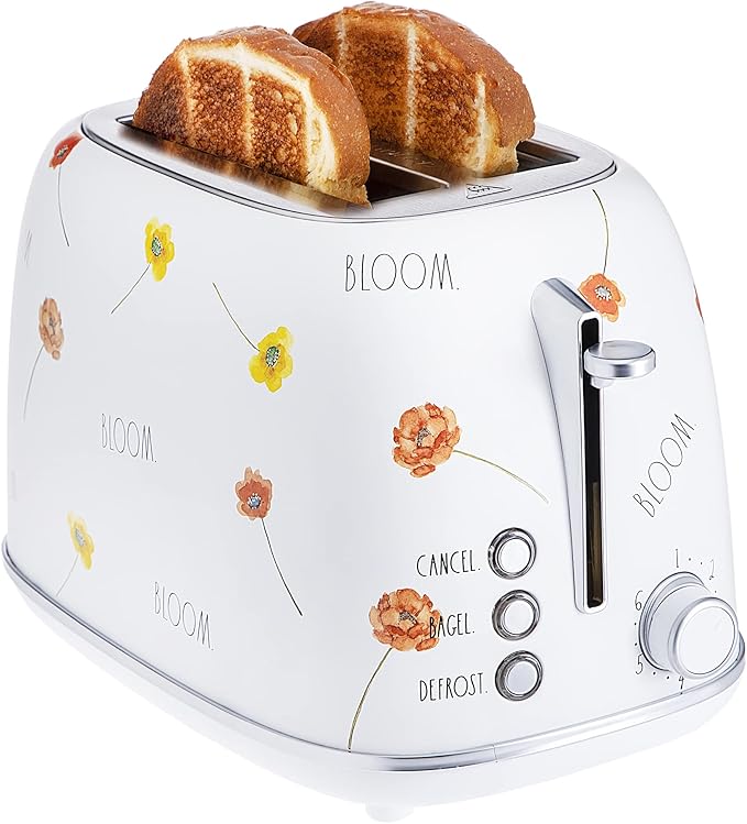 Rae Dunn Retro Rounded Bread Toaster 2 Slice Stainless Steel Toaster with Removable Crumb Tray Wide Slot with 6 Browning Levels Bagel Defrost and Cancel Options White Floral