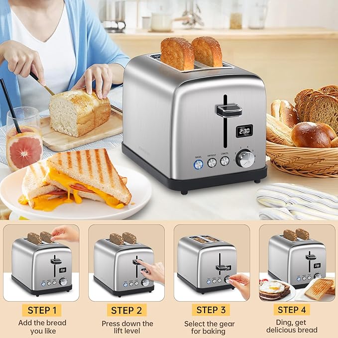 SEEDEEM Toaster 2 Slice LCD Display 7 Shade Settings 1.4'' Wide Slots Stainless Steel Digital Toaster for Bagel Defrost Reheat Removable Crumb Tray 900W Silver Metallic