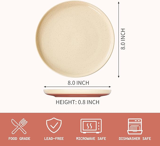 GZG Ceramic Dinner Salad Plates Set of 4 8 Inch Speckled Dinnerware Dessert Plates with Clay-Tone Base Microwave Oven Dishwasher Safe