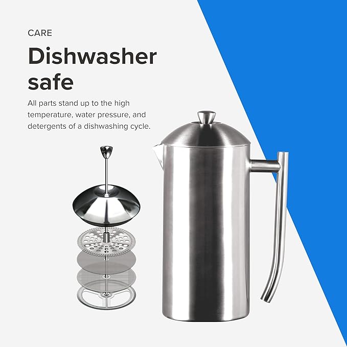 Frieling Coffee Press Stainless Steel French Press Coffee Maker - 44 oz Brushed Stainless Steel - Double-Walled Insulated Zero Sediment Filter - For Home &amp Camping