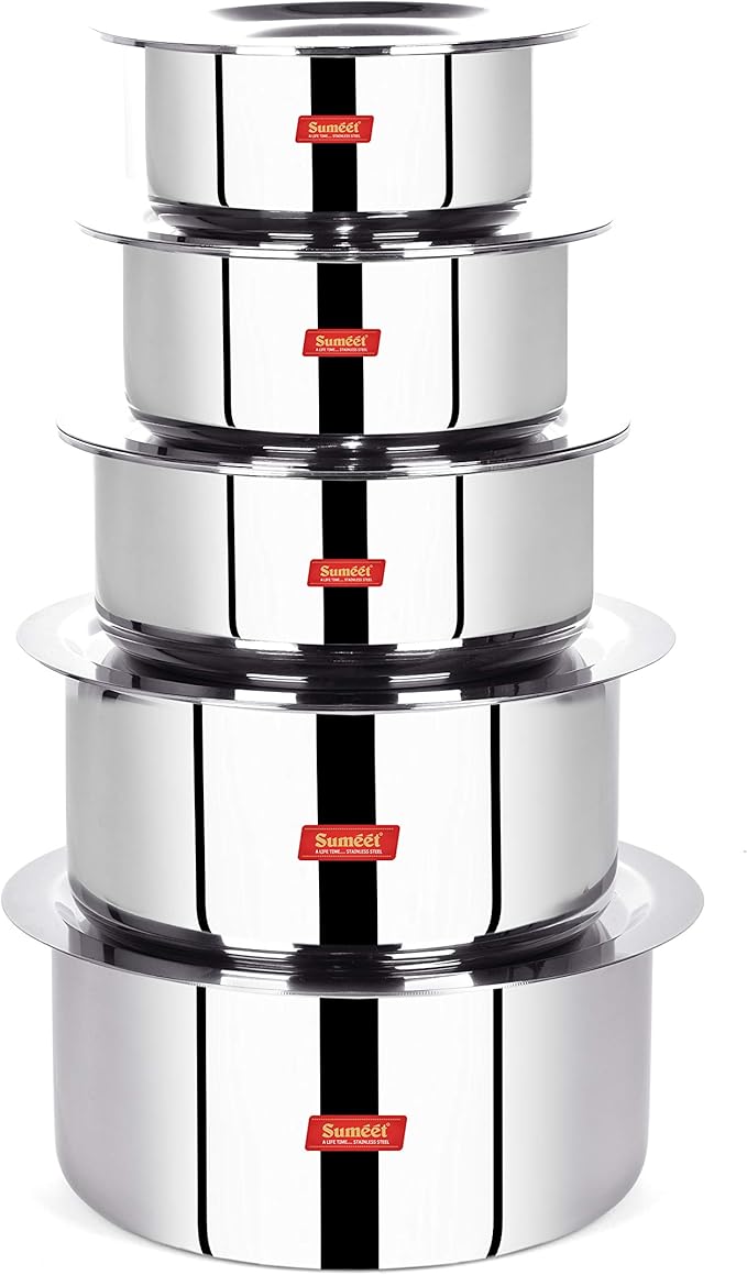 Sumeet Cook Smart TriPly SAS (Steel-Aluminium-Steel - 3 Layers) Tope Set of 5Pcs with Lid - No. 14 (1.1 LTR 14Cm) No. 16 (1.6Ltr 16Cm) No.18 (2Ltr 18Cm) No. 20(3Ltr 20Cm) No.22 (4Ltr 22Cm)