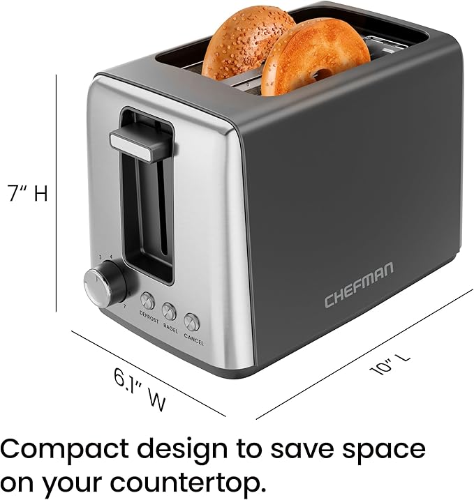 Chefman 2 Slice Toaster 7 Shade Settings Removable Crumb Tray Thick Bread and Bagel Toaster with Defrost and Cancel Buttons – Black