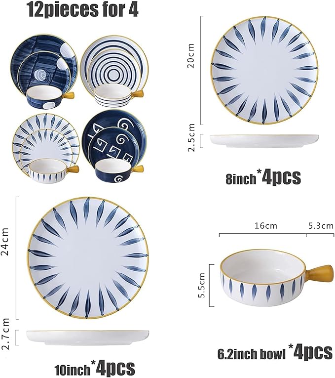 Dinnerware Set Japanese Style 4 Colors Includes 4-Piece Dinner Plates 4-Piece Salad Plates and 4-Piece Bowls12Pieces for 4B