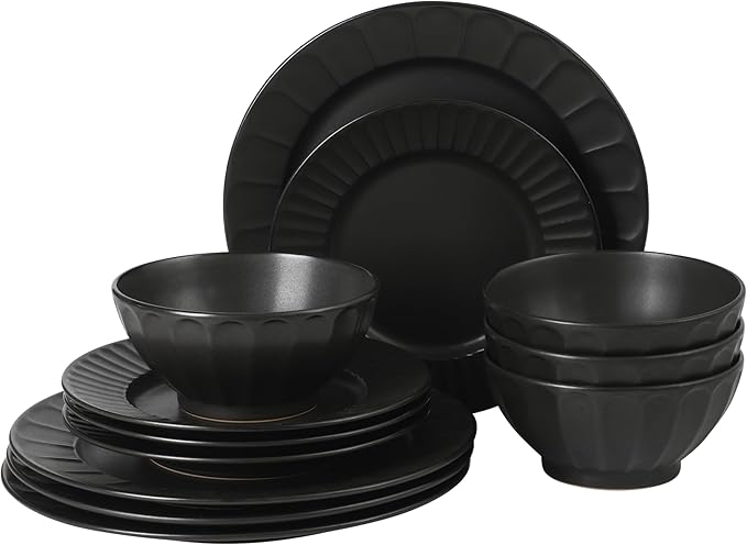 Gibson Elite Winchester Way 12-Piece Embossed Stoneware Dinnerware Set – Reactive Matte Glaze Durable Lightweight-Tech Plates &amp Bowls Everyday Dish Set Microwave &amp Dishwasher Safe – Black