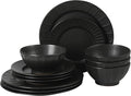 Gibson Elite Winchester Way 12-Piece Embossed Stoneware Dinnerware Set – Reactive Matte Glaze Durable Lightweight-Tech Plates &amp Bowls Everyday Dish Set Microwave &amp Dishwasher Safe – Black