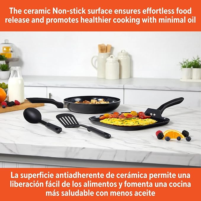 4-Piece Black Ceramic Non-Stick Pots and Pans Set 10 &amp 10.5 Inch Frying Pans with Cool Grip Handles Aluminum Healthy Ceramic Cookware Set for Home