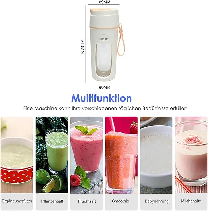 Personal Mini Juice Blender Portable Rechargeable Fruit Mixer 340ml Portable Juicer Cup with 8 Blades 40s Blending Fast and Easy to Clean USB Charging for Breakfast Travel Fitness