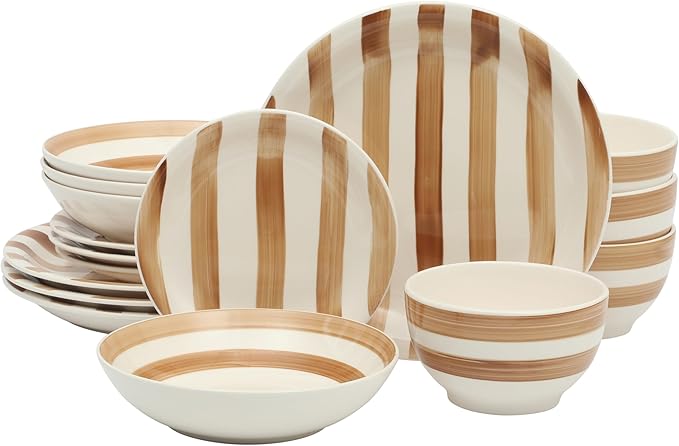 Gibson Home Kenwood Shores 16 Piece Dinnerware Set Brown Striped Stoneware Hand-Painted Plates and Bowls Service for 4 Microwave &amp Dishwasher Safe