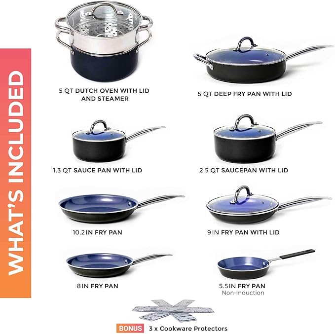 Mueller UltraClad Sapphire Pots and Pans Set Nonstick 14 Piece Induction Cookware Sets Aluminum Body Includes Non Stick Deep Frying Pan Sauce Pans for Cooking Dutch Oven and More